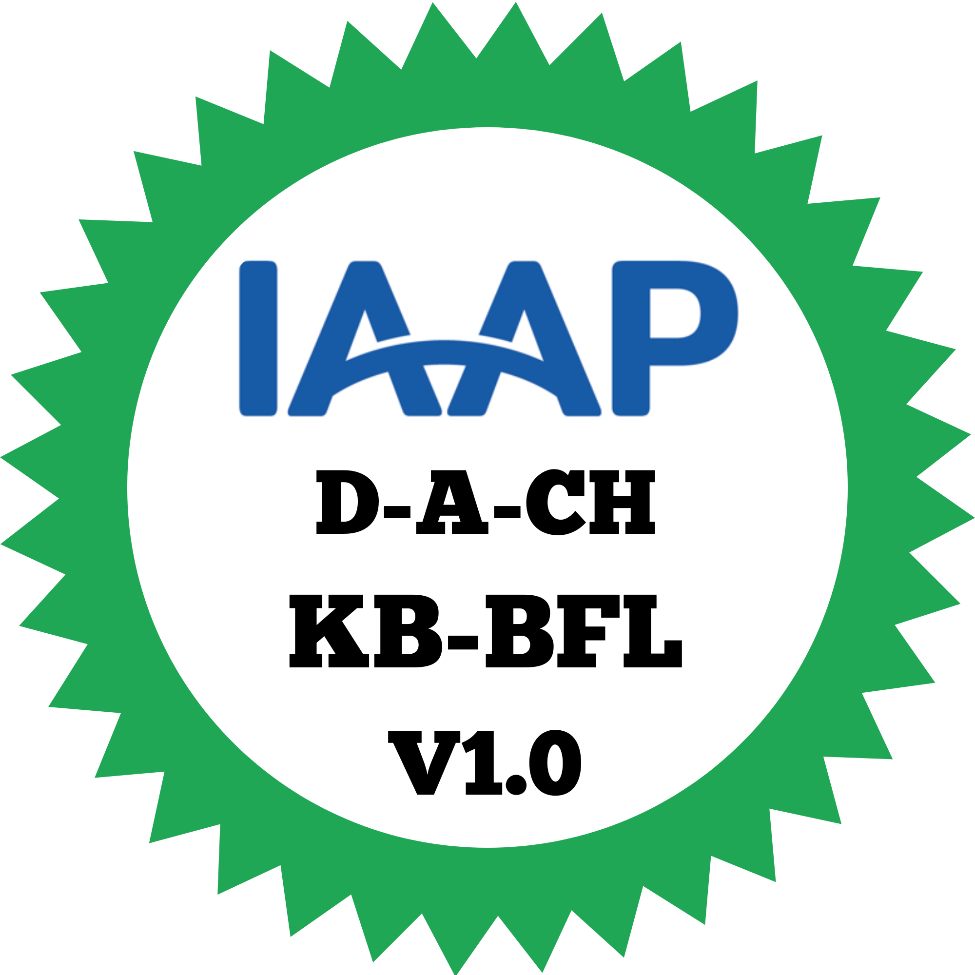rundes Logo mit gezacktem grünen Rand IAAP D-A-CH KB-BFL V1.0