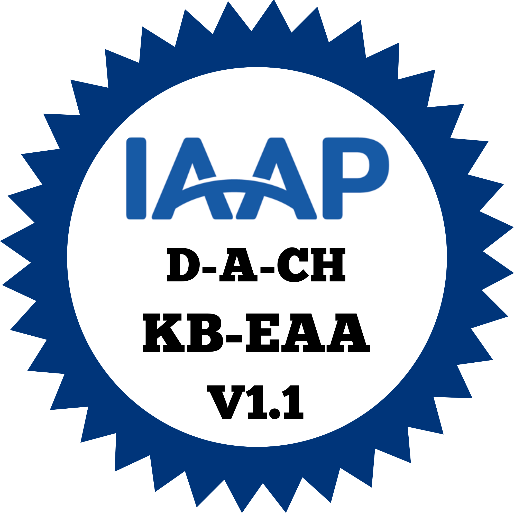 rundes Logo IAAP D-A-CH KB-EAA mit gezacktem Rand in dunkelblau